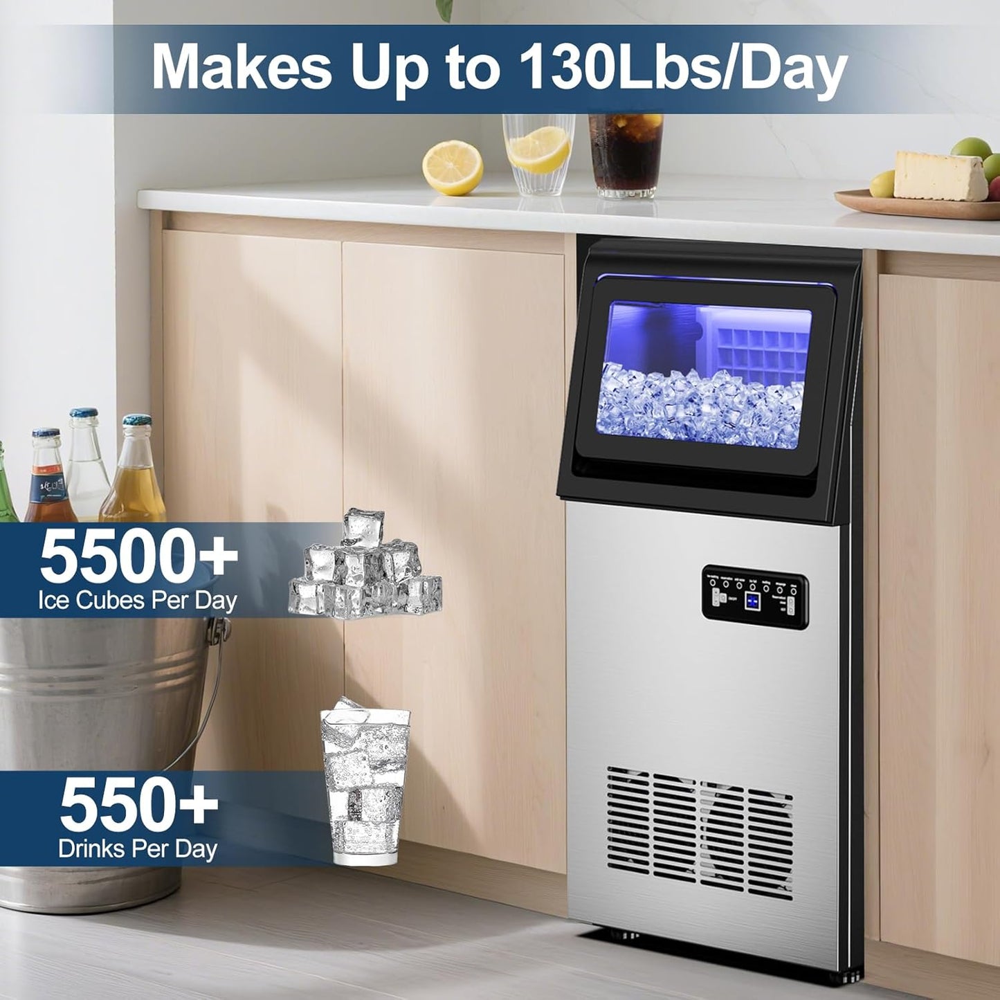 Commercial Ice Maker Machine 130Lbs/24H with 2 Water Inlet Modes, 36Pcs Ice Cubes in 8-15 Mins, Stainless Steel Under Counter/Freestanding Ice Machine with 25Lbs Storage Bin for Home/Shop/Office/Bar