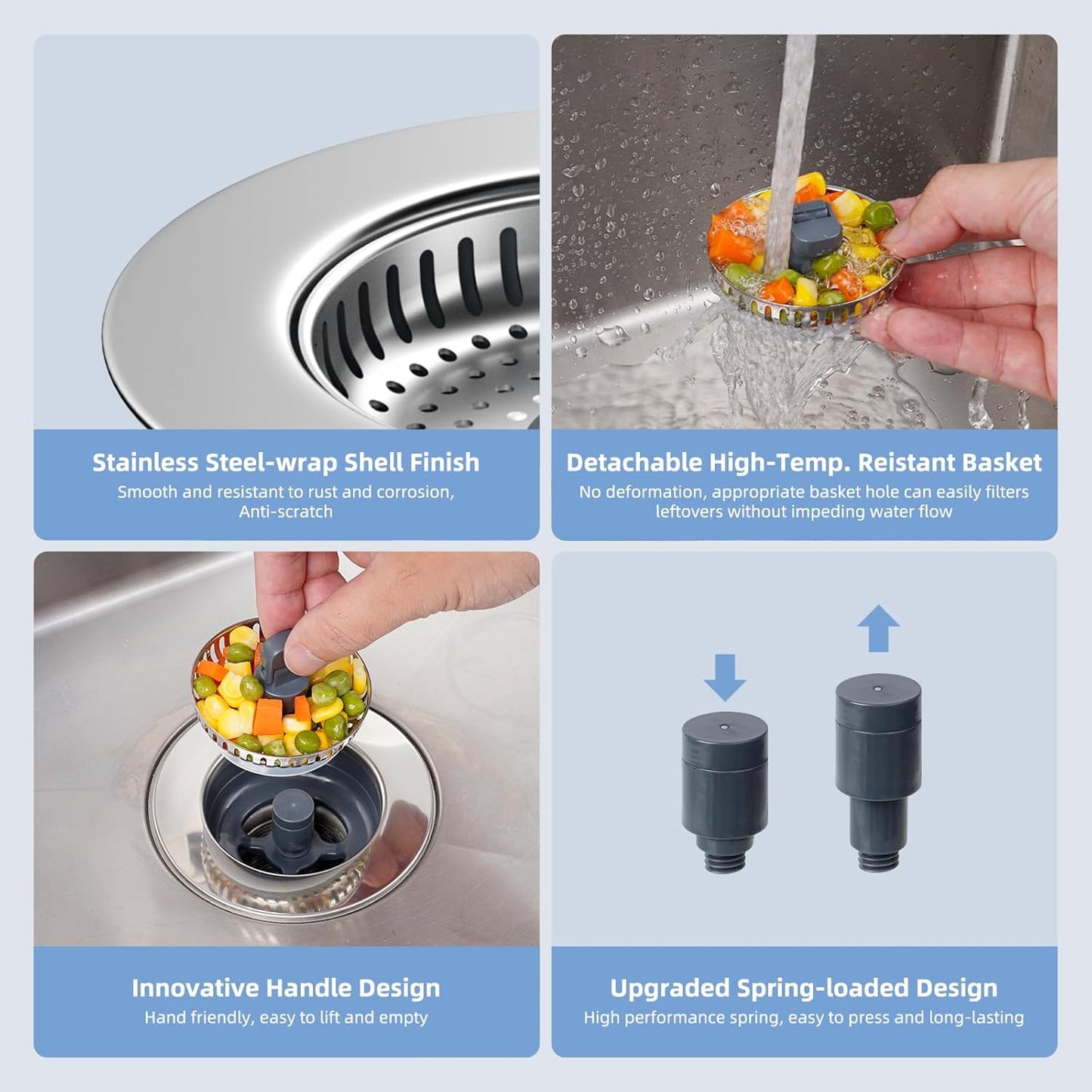 Hibbent Universal 3 in 1 Kitchen Sink Drain Strainer with Sink Stopper, Stainless Steel Wrapped Shell, SUS304 Anti-Clogging Basket Strainer, Fit for US Standard 3-1/2" Drain, Stainless Steel