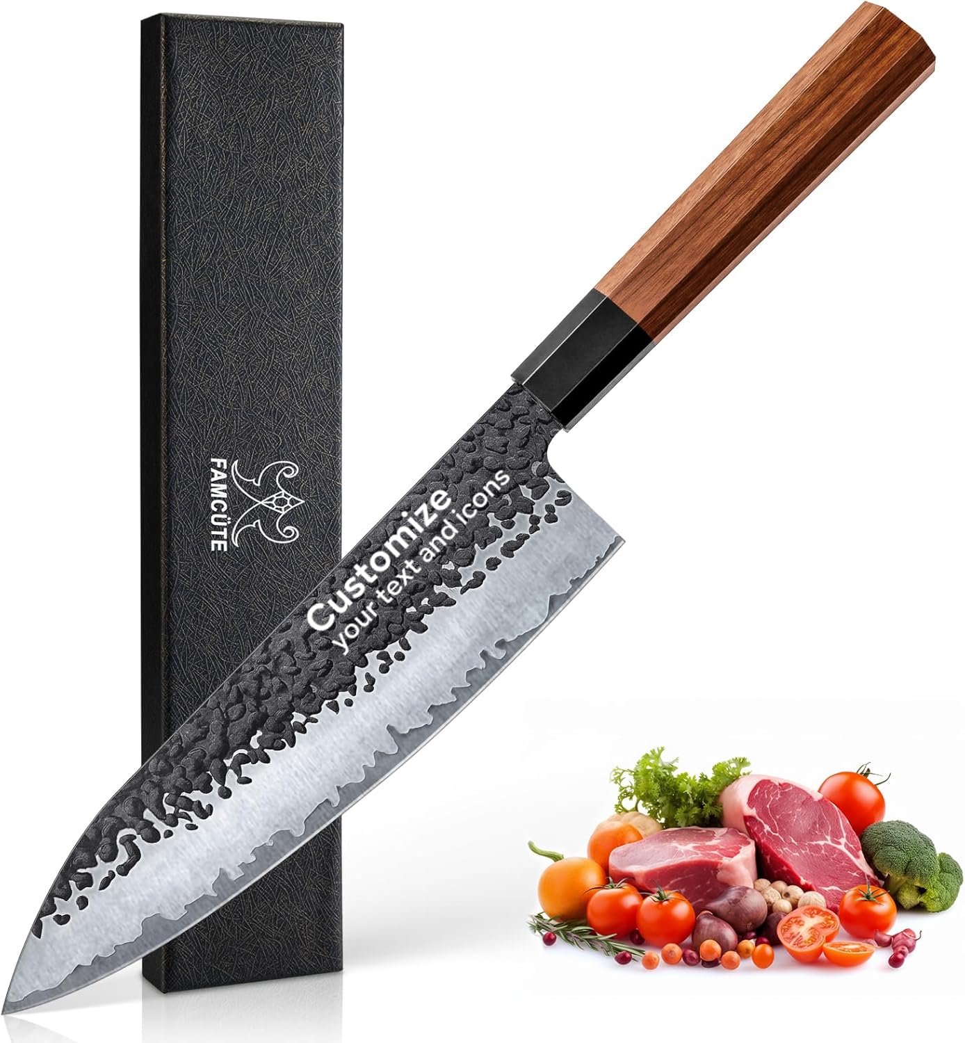 Customize Japanese Knife, Hand Forged 8 inch Chef Knife - High Carbon Steel 5 Layers 9CR18MOV Japanese Chefs Knife - Wood Handle Customizable Patterns and Copywriting Kitchen Knife for Gift