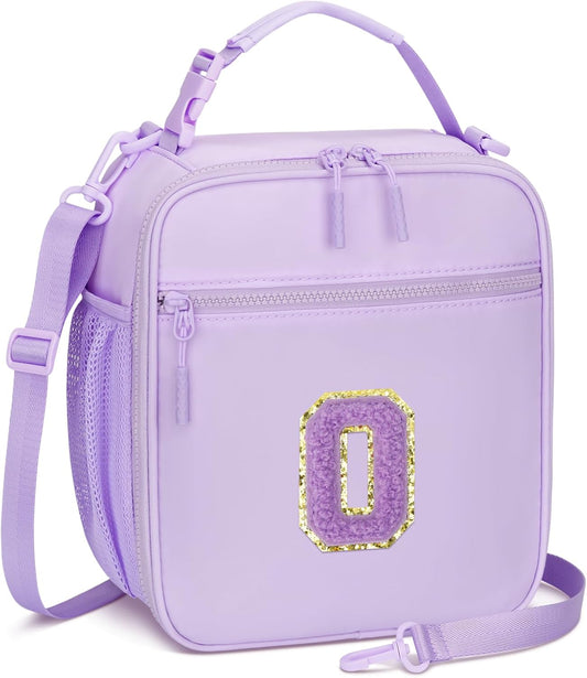 Initial Insulated Lunch Bag for Girls Kids, Back to School Gift, Reusable Leak-proof Lunch Box with Adjustable Strap for School Daycare Travel Picnic (Purple,O)
