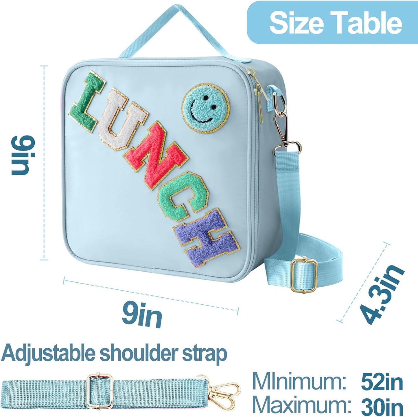 Insulated Lunch Bag With Adjustable Shoulder Strap, Nylon Preppy Lunch Box Large Insulated Lunch Bag Reusable Lunch Tote Bag with Smiley Preppy LunchBag for Girls School Travel Picnic (Blue)