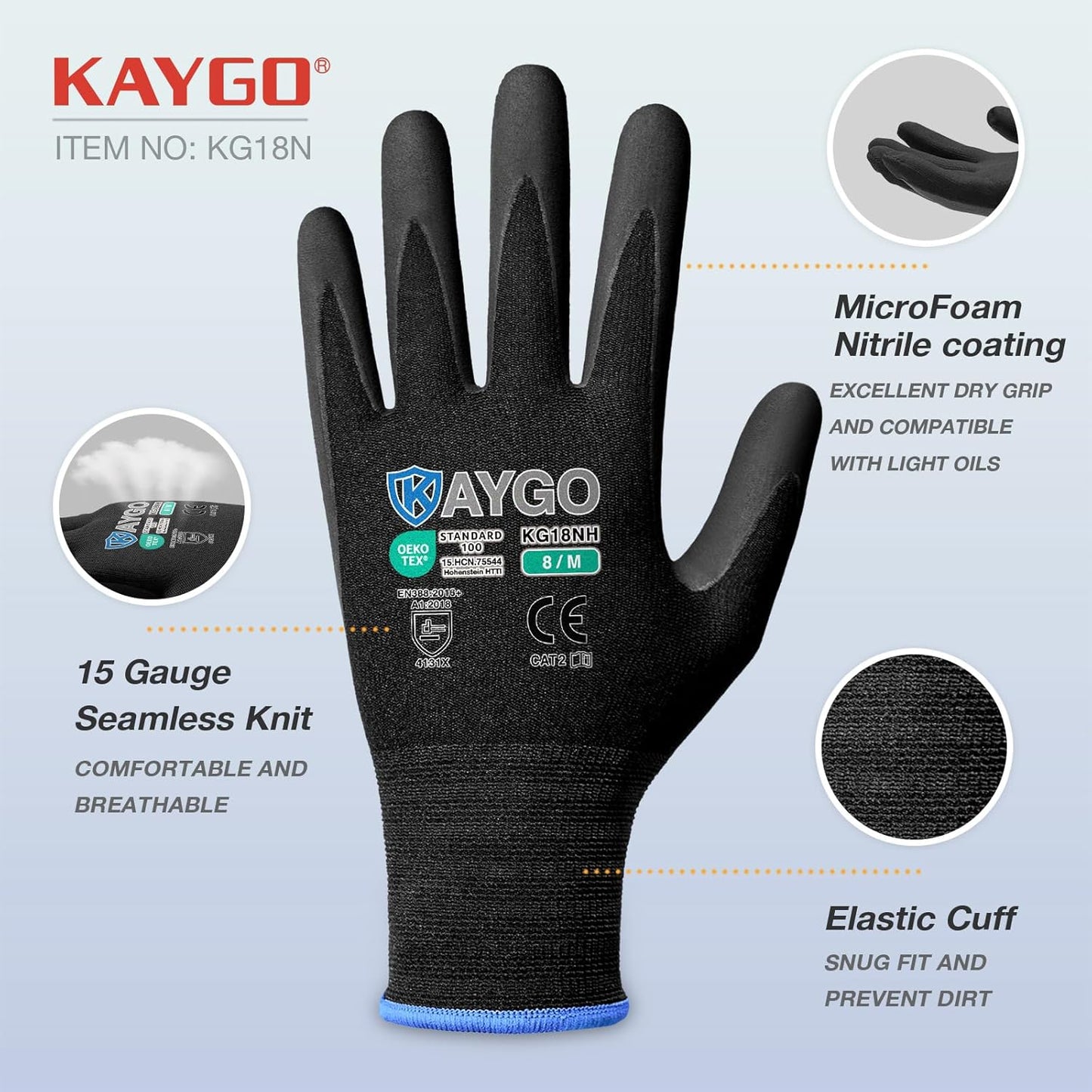 KAYGO Safety Work Gloves MicroFoam Nitrile Coated, 12 Pairs KG18NB,Seamless Knit Nylon Glove with full fingers Touchscreen, Ideal for Automotive,Warehouse,Construction (2XL, Black)