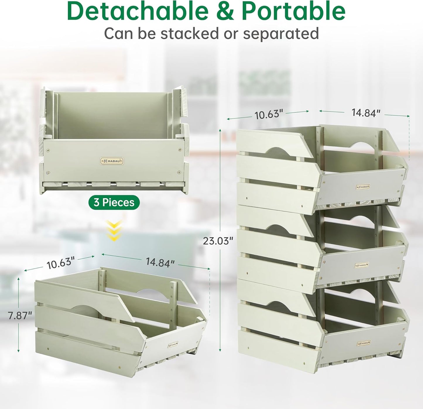 HABAU Wood Potato Onion Storage Bins - Wooden Stackable Produce Basket - Fruit Vegetable Storage for Kitchen Pantry Organization, Set 3 Pieces