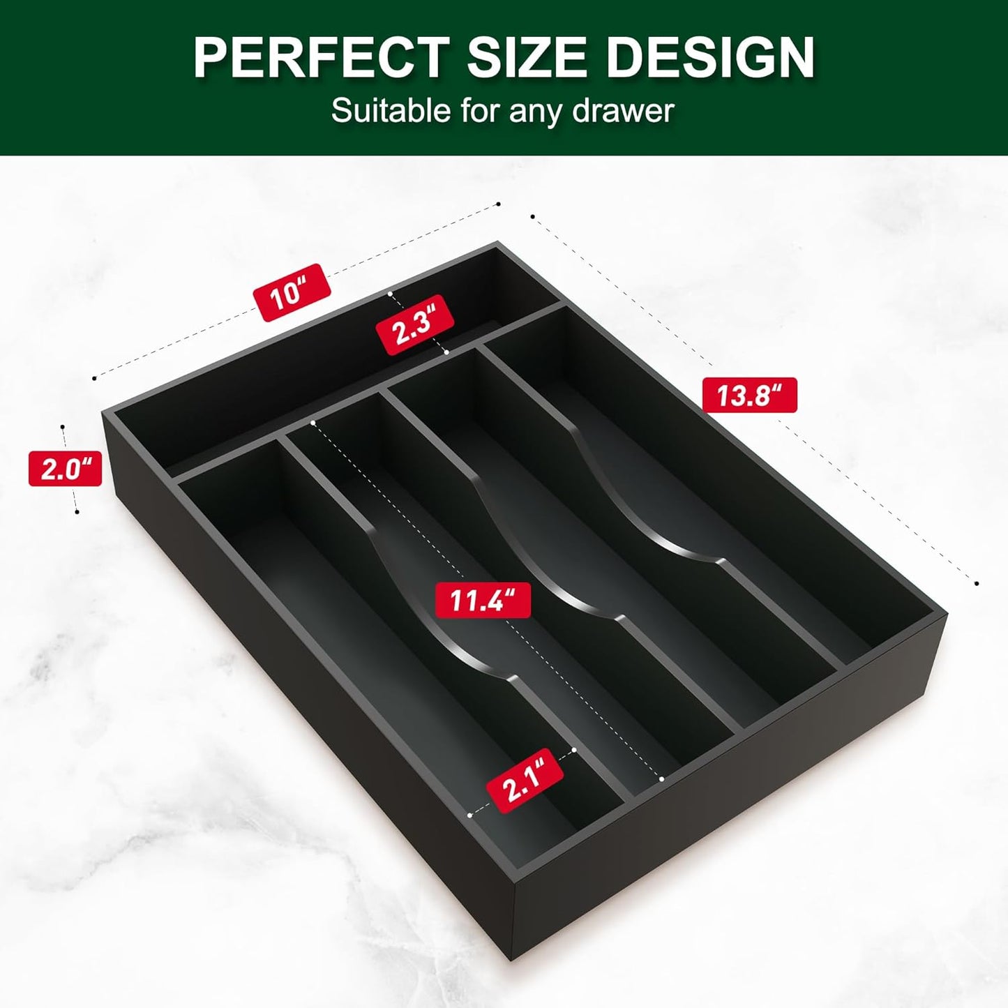 Bellsal Black Utensil Organizer 10 Inch Silverware Tray for Utensil Holder Cutlery Organizer Kitchen Drawer Organizer 5 Compartment Small Narrow Bamboo