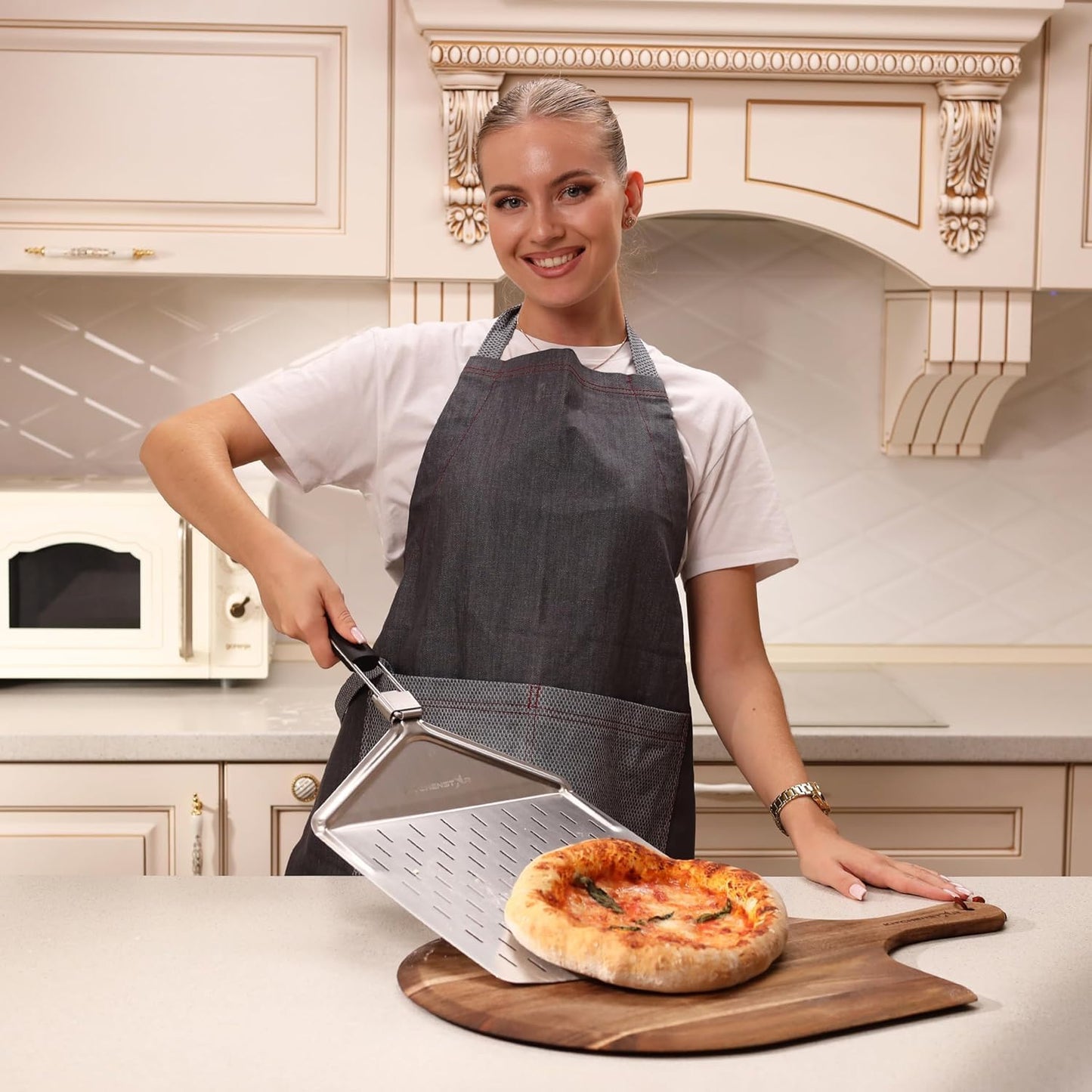 KitchenStar 12-inch Perforated Pizza Peel with Folding Handle - Stainless Steel Spatula Paddle for Effortless Pizza Transfer & Easy Storrage - Dishwasher Safe Pizza Oven Accessories