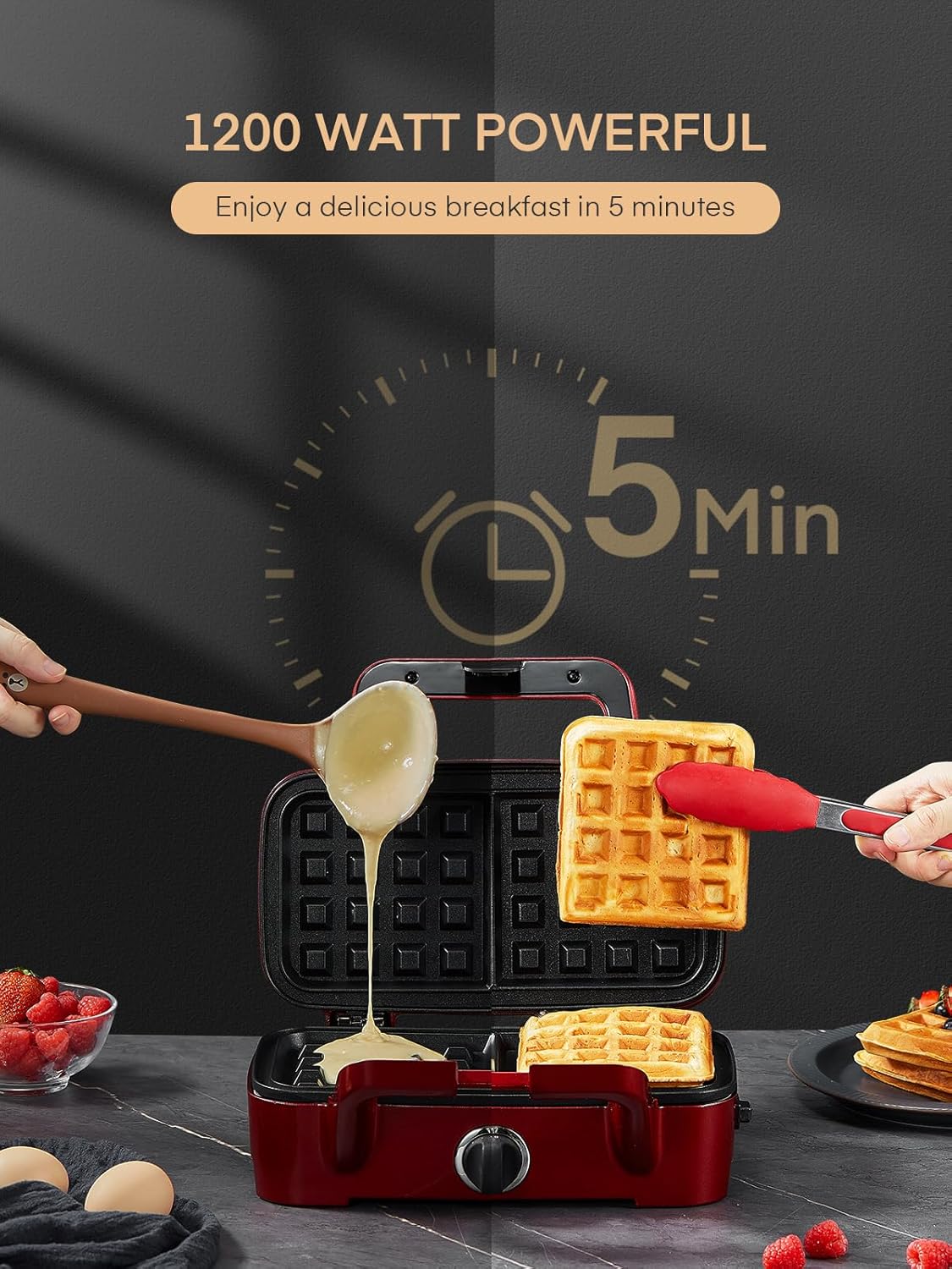 FOHERE Waffle Maker 3 in 1 Sandwich Maker 1200W Panini Press With Removable Plates and 5-gear Temperature Control, Non-stick Coating Easy to Clean,Indicator Lights, Red