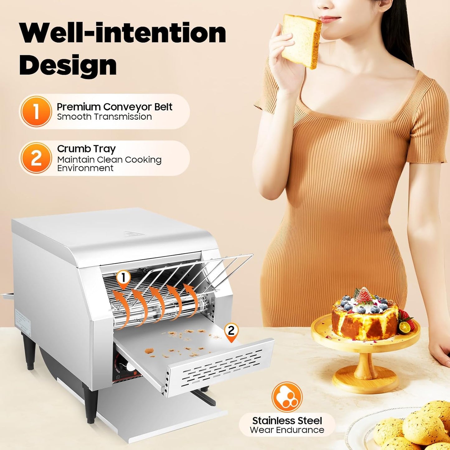 Commercial Conveyor Toaster 300 Slices/Hour, 2200W Stainless Steel Heavy-Duty Industrial Toasters/Three-ring Heating Tubes, Electric Bun Toaster Restaurant Equipment for Bun Bagel Bread Baked Food