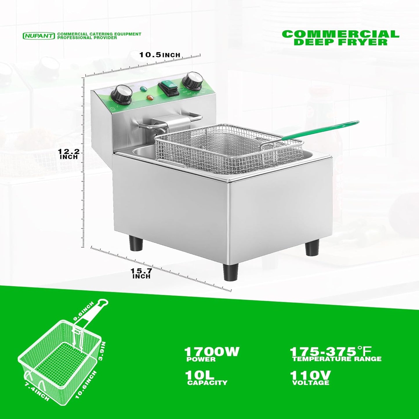 Electric Deep Fryer with Timer 10L/10.6QT Commercial Deep Fryer with Basket and Lid, Temp Control, 1700W/110V Stainless Steel Single Oil Fryer Countertop Fryer for Home and Restaurant Use