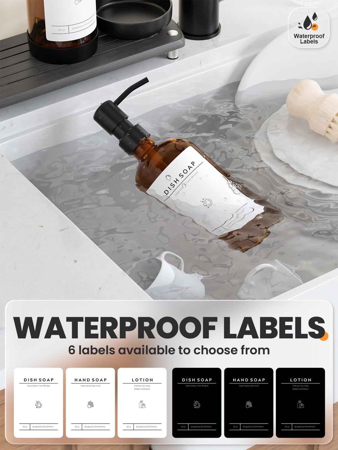 [Luxury] Kitchen Soap Dispenser Set - 16OZ Amber Glass Bottle, Stainless Steel Pump, Instant Dry Tray, Waterproof Labels, Non-Slip Silicone Pad, and Dish Brush | Upgrade for Your Kitchen and Bathroom