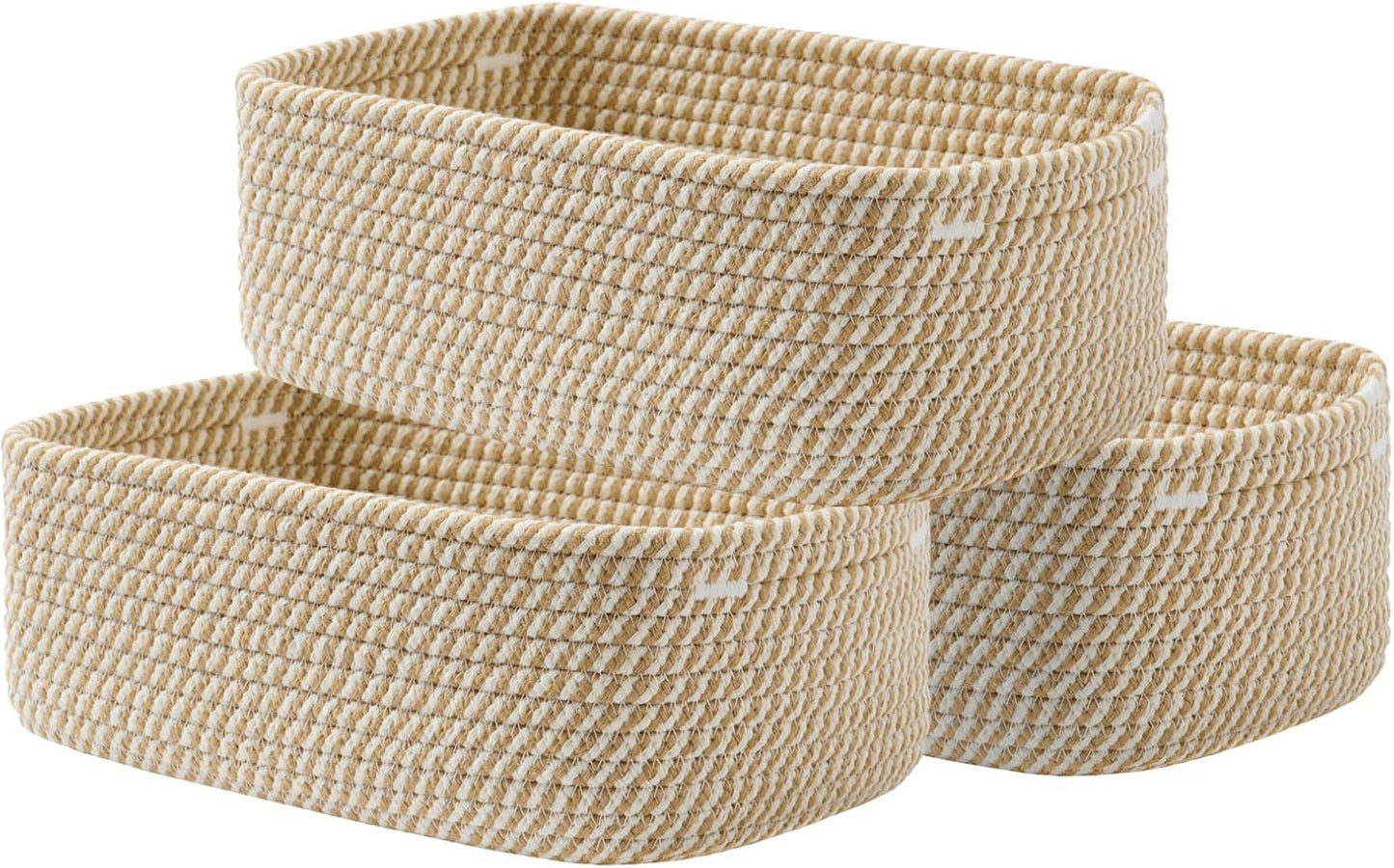 Small Woven Basket, 12 x 8 x 4.5 Inches, Storage Basket for Organizing, Cute Small Rope Shelf Closet Cube Storage Bins Baskets for Shelves, Dog Toy Gift Baskets Empty, 3 Pack Brown