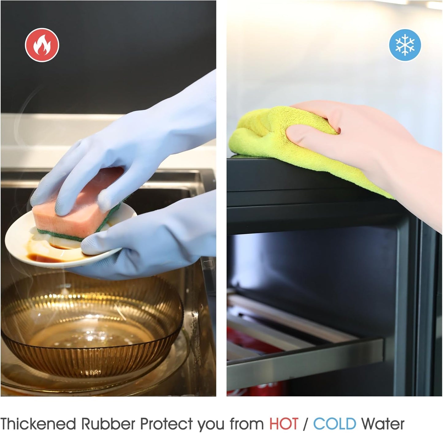 COOLJOB 2 Pairs Thickened Rubber Gloves with Cotton Lining & Non-slip Grip, Colorful Household Long Lasting Dishwashing Gloves for Kitchen & Bathroom Cleaning, Orange & Blue, Medium