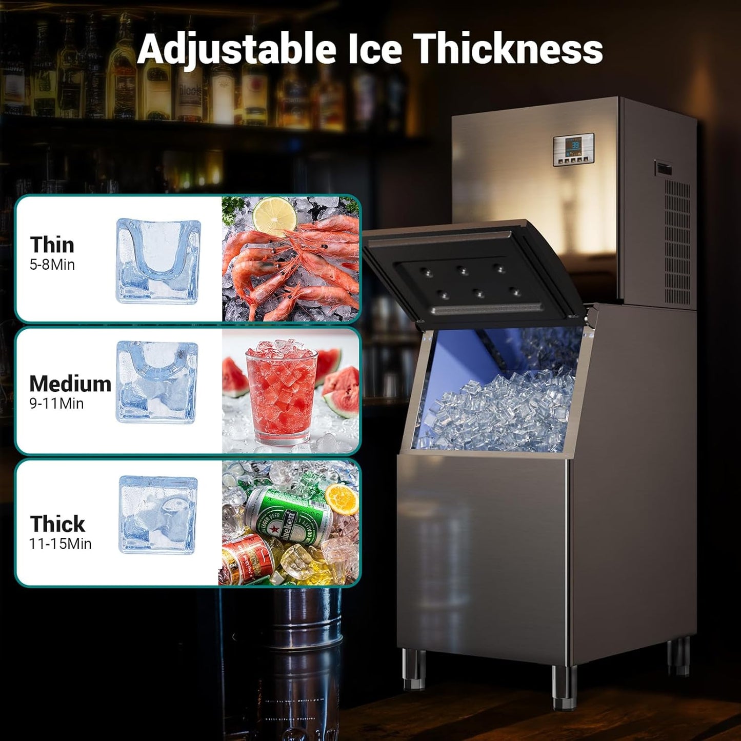 Commercial Ice Machine 600LBS/24H, 400LBS Storage, Ice Ready in 5-15min, Self-Cleaning Stainless Steel Industrial Ice Maker with Timer & Ice Thickness Control for bar Cafe, Restaurant Business