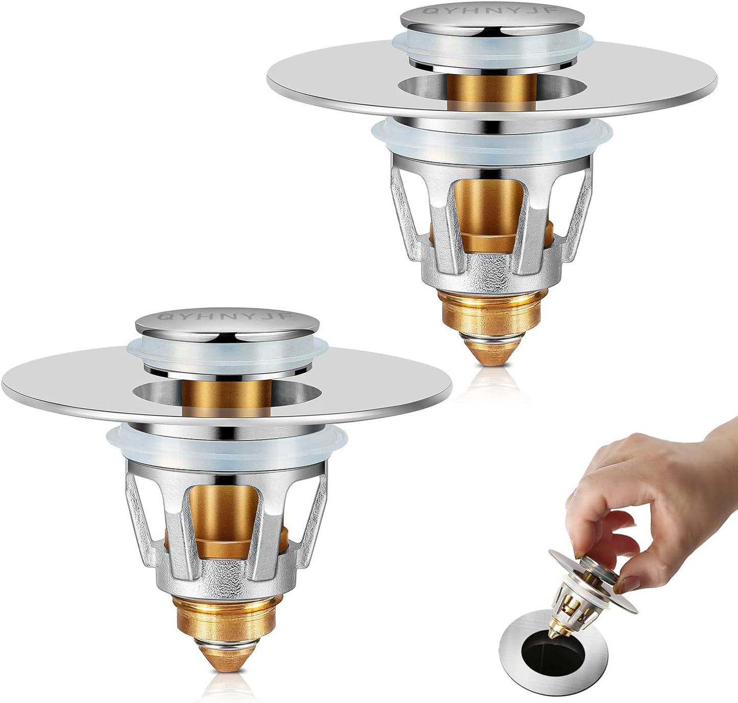 2Pcs Bathroom Sink Stoppers ，Pop Up Drain Stopper for Bathroom Sink，‎2-in-1 Sink Stopper & Strainer,Universal Wash Basin Sink Stopper，for 1.1"~1.5" Bathroom Sink Drain（Silver）