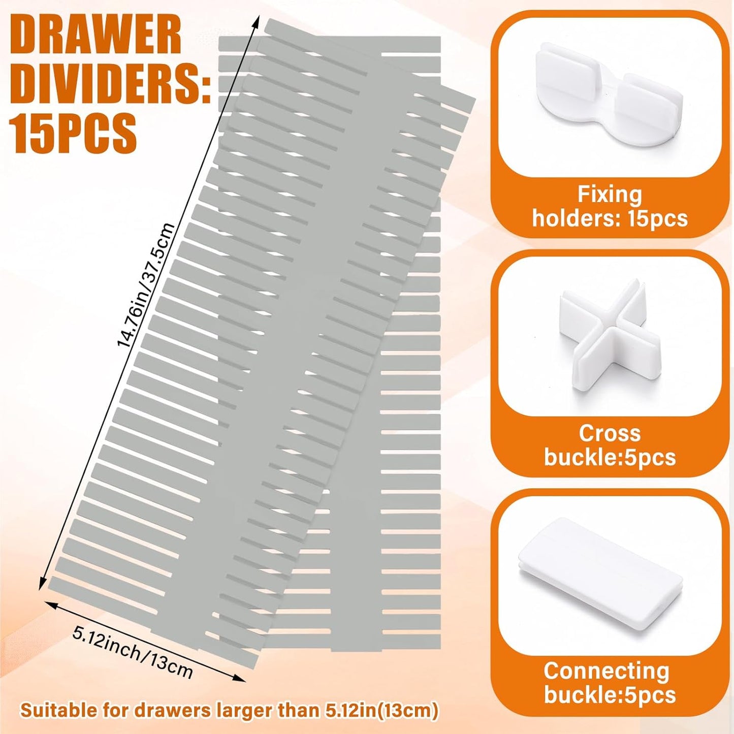 Blosssound 15pcs 5.12x 15 Tall Drawer Divider Adjustable Drawer Organizer DIY Ultra Deep Storage Organizer Separator with Fixed Buckle for Underwear Socks Dormitory Office Kitchen Bedroom(Grey)