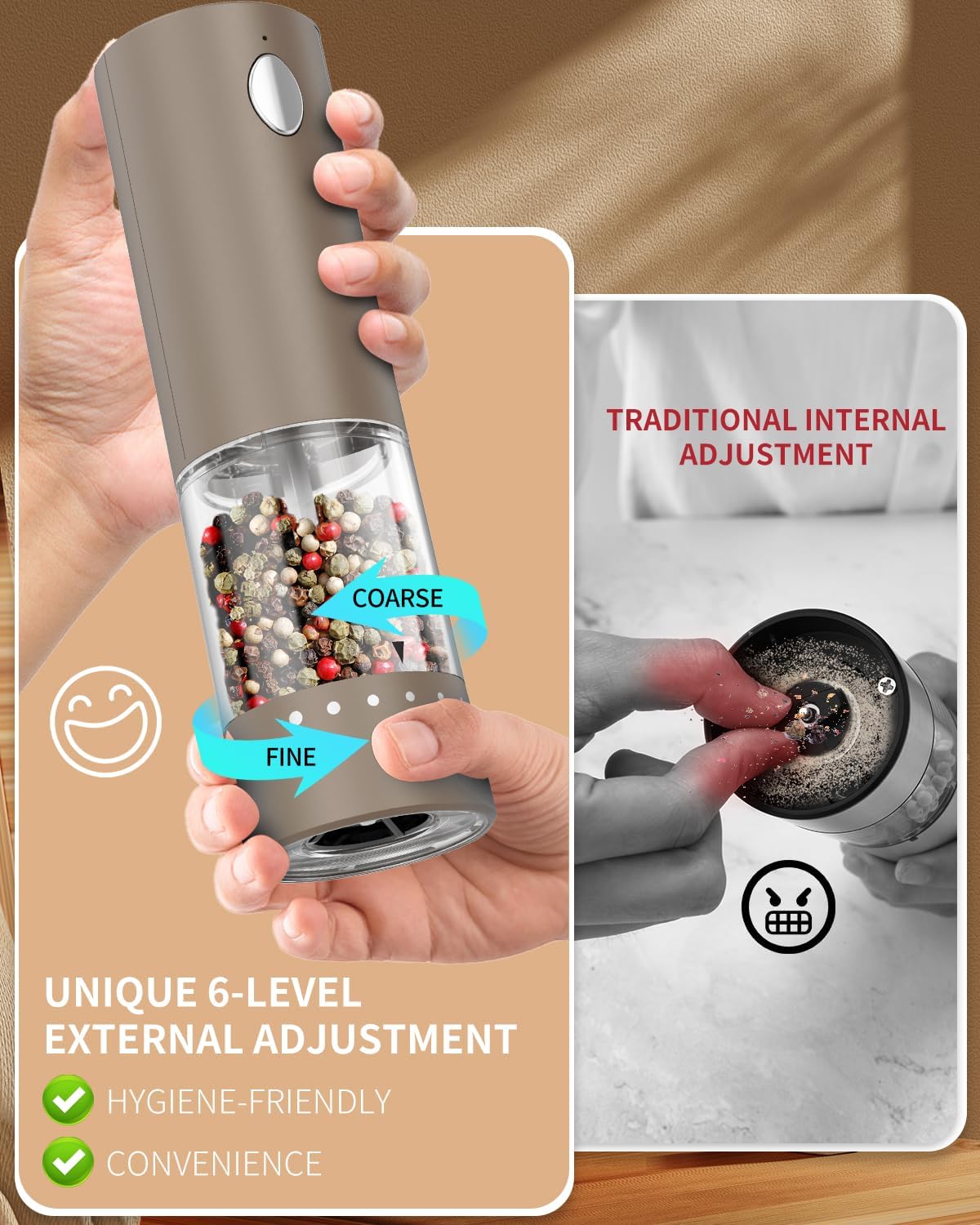 CIRCLE JOY Electric Salt and Pepper Grinder Set Rechargeable Salt and Pepper Mills with Storage Base, Adjustable Coarseness and LED White Light, Washable 95ml Container, Brown