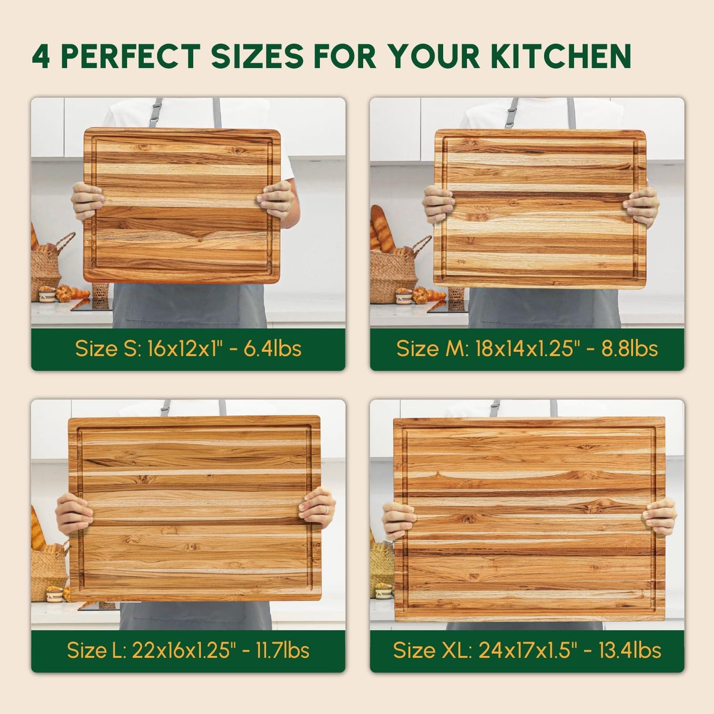 BEEFURNI Teak Wood Cutting Board with Juice Groove Hand Grip (S, 18x14x1"), Wooden Cutting Boards for Kitchen, Butcher Block, Charcuterie Boards, Christmas Gifts, 1-year Manufacturer Warranty