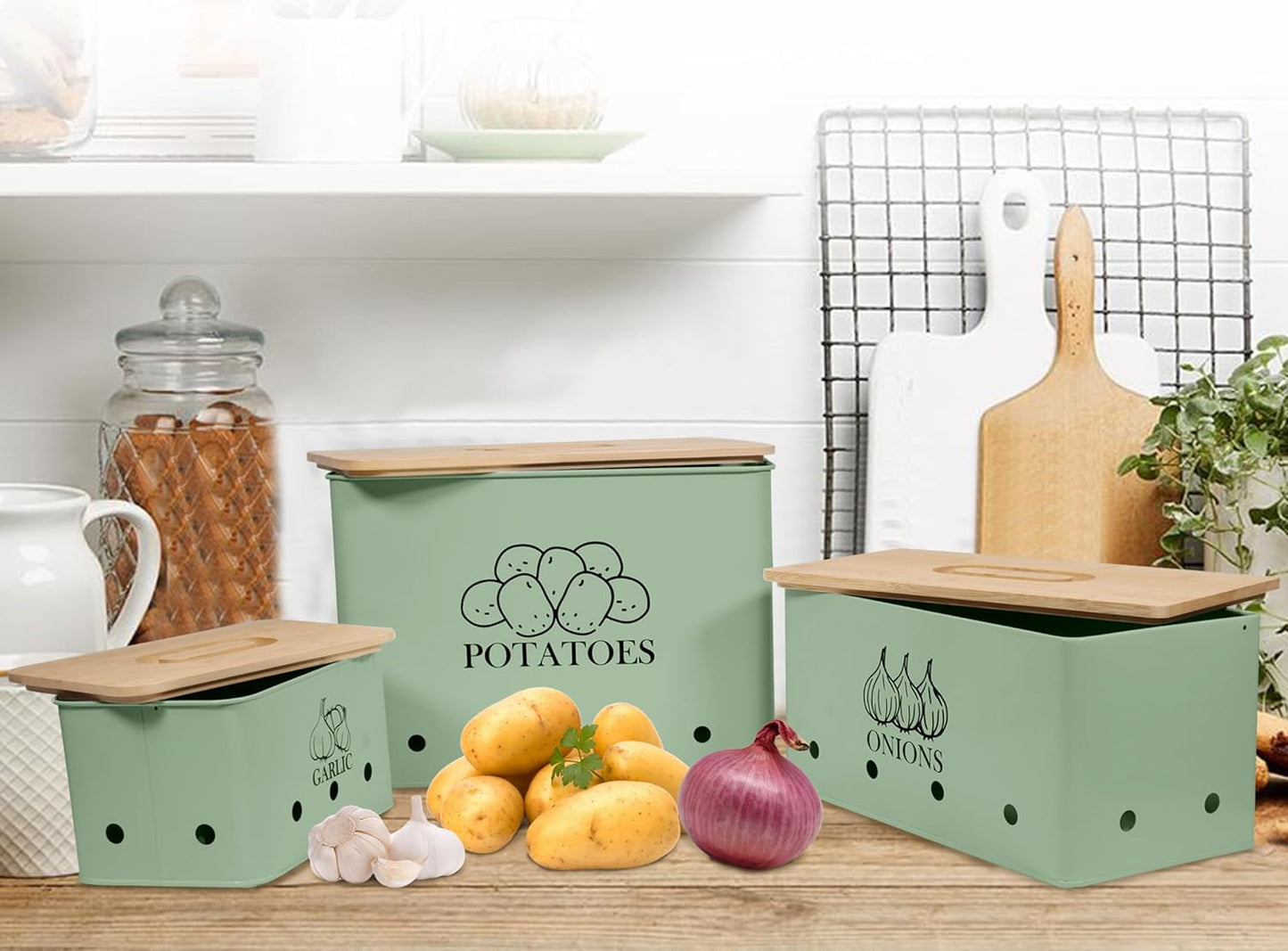 Canister Sets for Kitchen Counter, Kitchen Canisters Set of 3 for Potato Onion Garlic, Kitchen Storage Bin Jars Pots with Aerating Tin Storage Holes & Wooden Lid (Green)