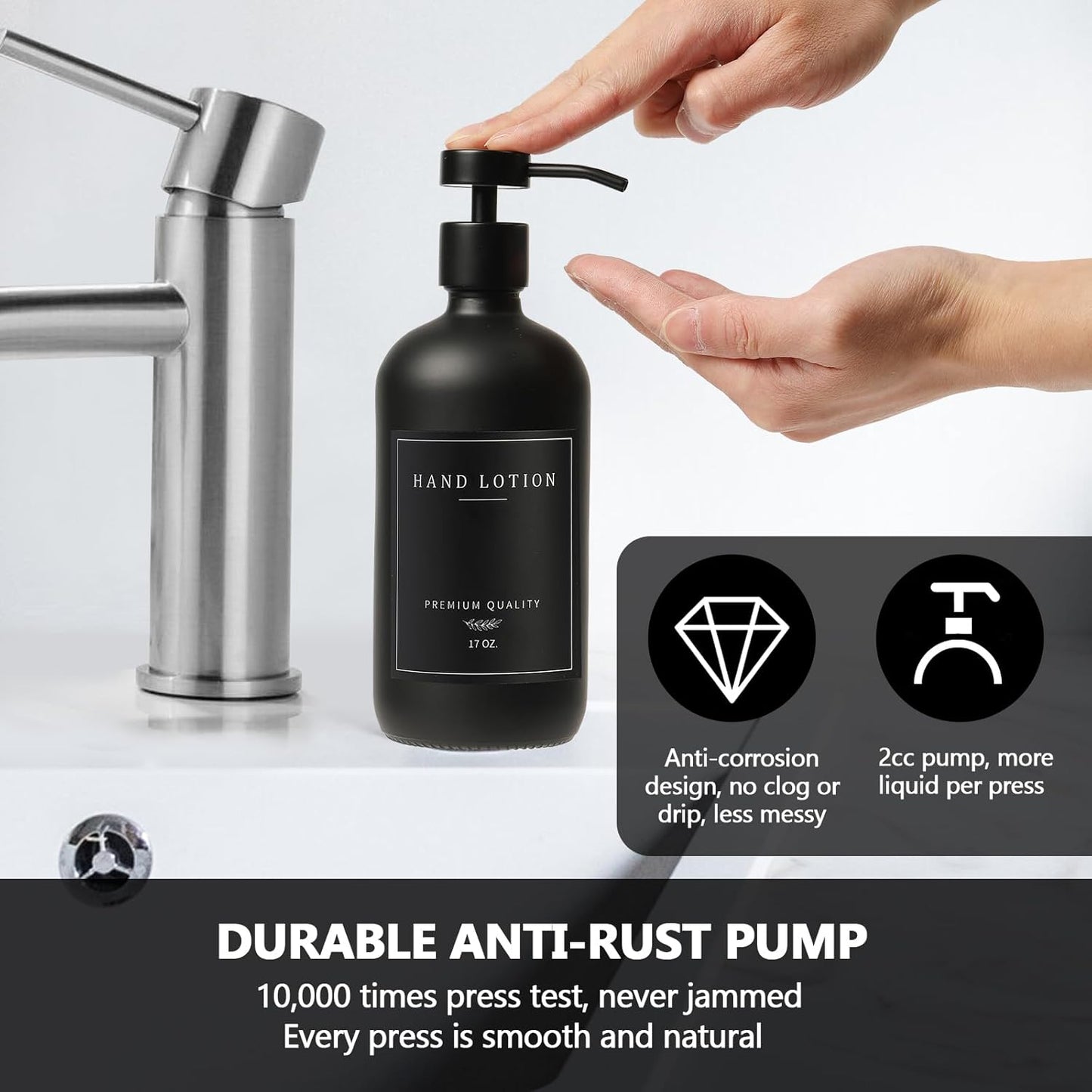Black Soap Dispenser - Kitchen Hand Dish Soap Dispenser, Glass Bathroom Soap Lotion Dispenser with Tray, Dishwashing Liquid Dispenser, 14 Stickers, Black Bottle/Black Pump-pd