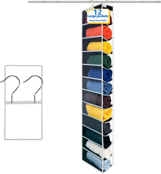 Closet Organization,12 Section, Hanging Closet Organizer, Space Saving, College Dorm Essentials for Girls, Heavy dutys Hooks Up to 45 Pounds, Clothes Storage,Closet Organizer,Black/White