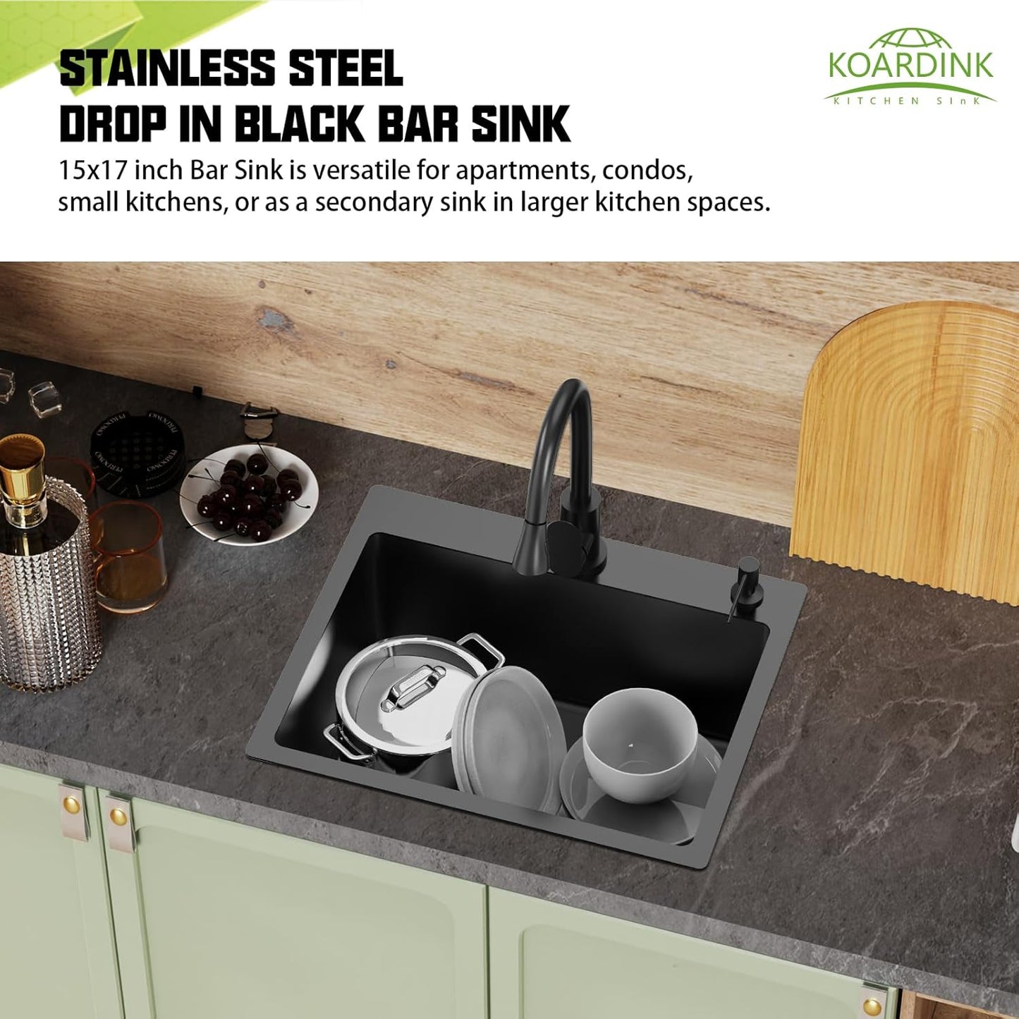 Black Kitchen And Bar Sink, 22x18 Inch Stainless Steel Drop In Kitchen Sink Modern Single Bowl Topmount Bar Sink Combo-Silicon Mat,Drain Strainer Set Compatibility With Various Kitchen & Bar Style