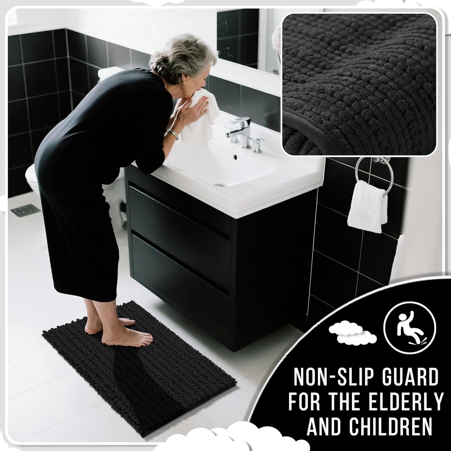 Yimobra Long Bathroom Rugs Non Slip Washable 44x24 Inch - Ultra Soft Absorbent Chenille Bath Mat, Quick Dry Shaggy Floor Carpet for Tub Shower, Black Home Decor Accessories