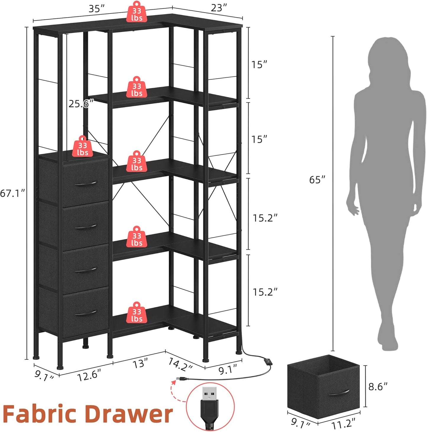 Corner Bookshelf with LED Light Strips & 4 Fabric Drawers, 5-Tier Convertible Corner Shelf with Display Shelf, Large Wood Industrial Bookcase for Living Room, Bedroom, Home Office, Black