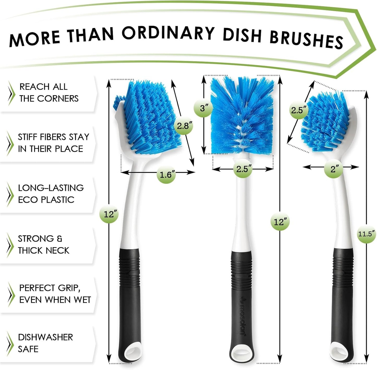 Dish Brush Set of 3 with Water Bottle Brush, Dish Scrub Brush and Scrubber Brush, Long Handle Kitchen Scrub Brushes for Dishes, Bottles, Cups, Pots, Pans and Sinks, Flat Head