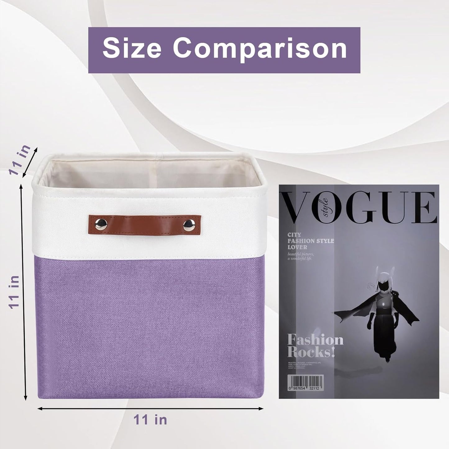 Collapsible Fabric Storage Cubes 11x11 Cube Storage Bins, 4 Pack Closet Baskets Box with Handles for Organizing, Shelf, Toys, Clothes, Home, Office, Nursery (Purple&White)