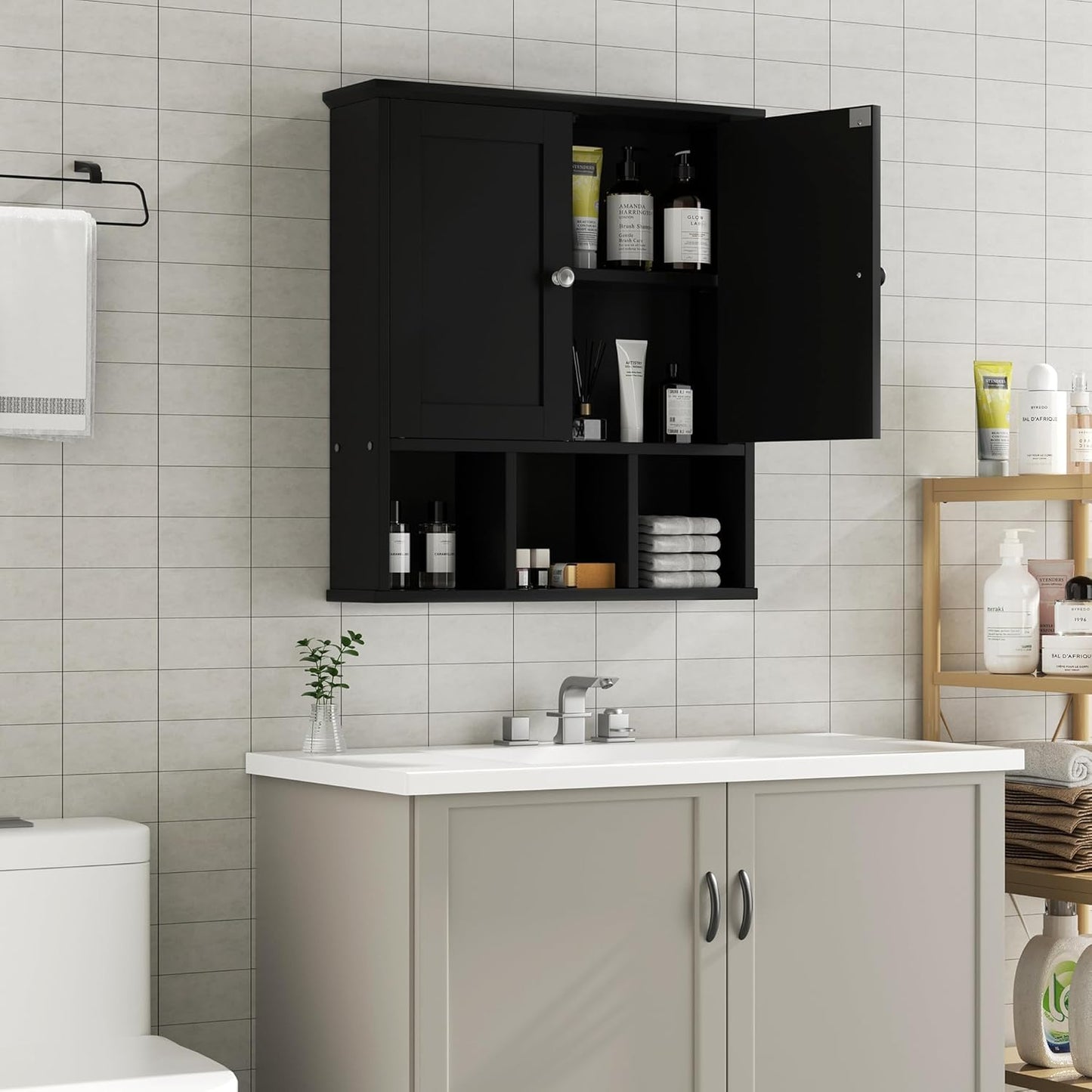 Shintenchi Bathroom Wall Cabinet with Door, Storage Organizer Over The Toilet Medicine, Space Saving with Adjustable & Open Shelf, Black