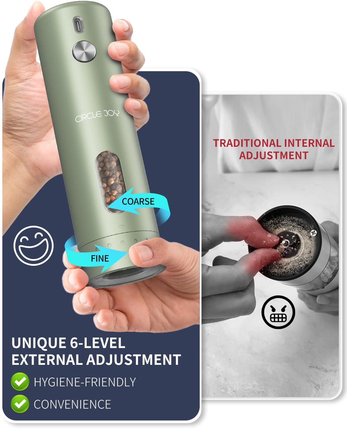 CIRCLE JOY Rechargeable Electric Salt and Pepper Grinder Set with Base, Automatic Pepper Mills with 110ml Container, External Adjustable Coarseness, White Led Light and One-Handed Operation, Green