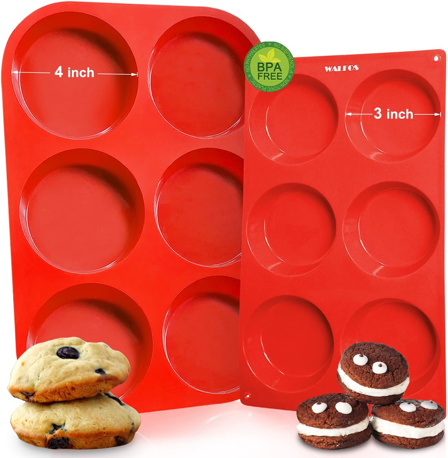 Walfos Silicone Muffin Top Pan Set, Non-Stick Whoopie Pie Baking Pans, Food Grade & BPA Free, Great for Muffin Tops, Whoopie Pies, Egg Muffins, Hamburger Buns and More, Dishwasher Safe, Set of 2