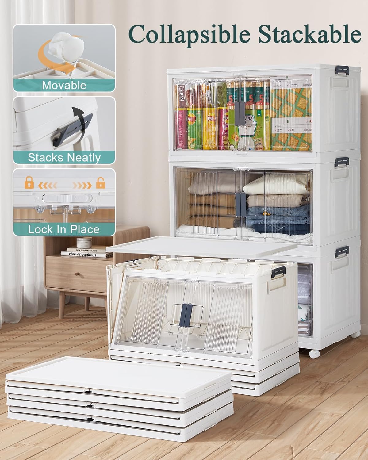 OlarHike 97QT Stackable Storage Bins with Lids - Folding Storage Box with Doors and Wheels, Collapsible Plastic Storage Drawers for Closets, 3 Pack Cubes, Christmas Gifts for Family