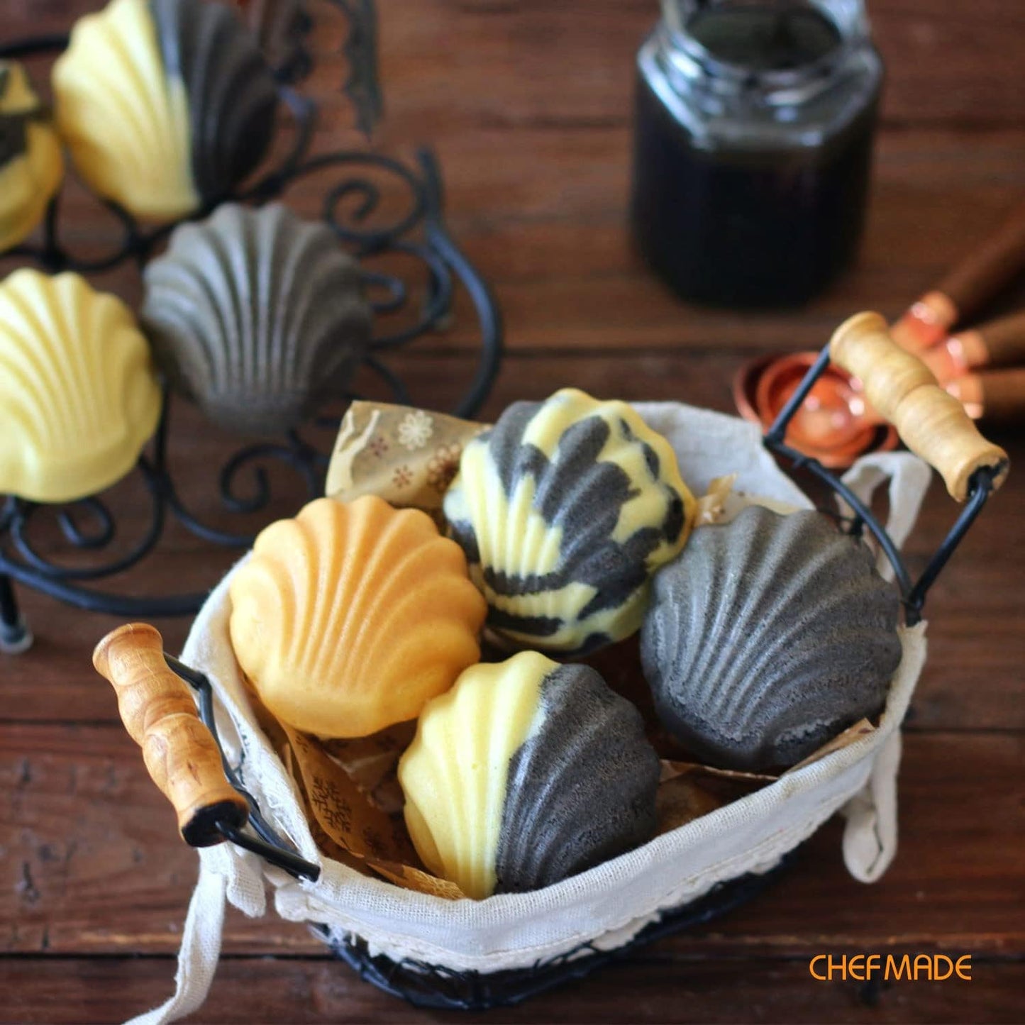 CHEFMADE Mini Madeleine Cake Pan Set, 3-Inch 4Pcs Non-Stick Spherical Shell Madeline Bakeware for Oven and Instant Pot Baking (Champagne Gold)