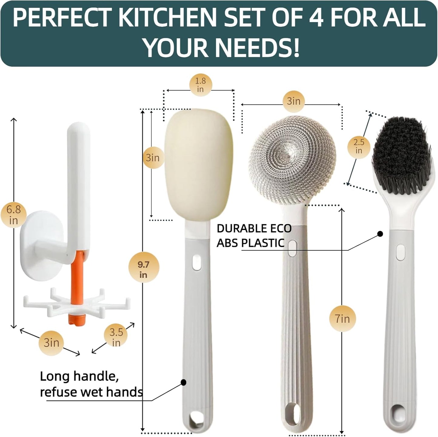 Dish Brush with Handle,4-Pieces Dish Brush Set with Holder,Replaceable Brush Heads Long Handle Kitchen Scrubber,for Pots,Sink,Pans &Bottles.Gray