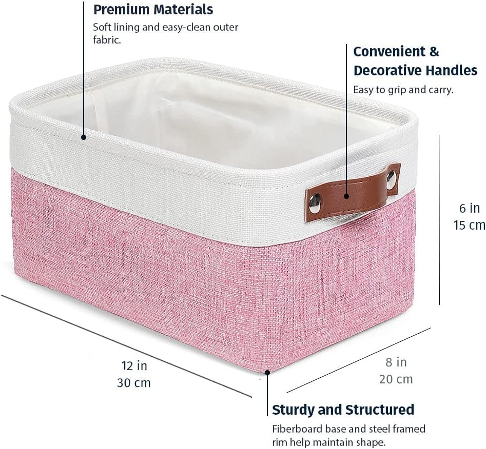 OrganiHaus Small Fabric Storage Baskets for Shelves 3 Pack, 12x8in Closet Storage Bins for Shelves, Cloth Baskets for Organizing, Linen Closet Organizers, Fabric Basket, Pink/White