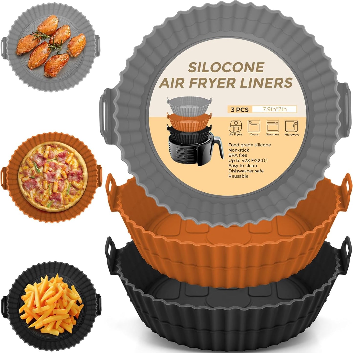 Beauty 3 Pack Air Fryer Liners - 8 Inch Silicone Pot, Reusable Food Grade, Baking Basket Accessories, Replacement for Flammable Disposable Parchment Paper