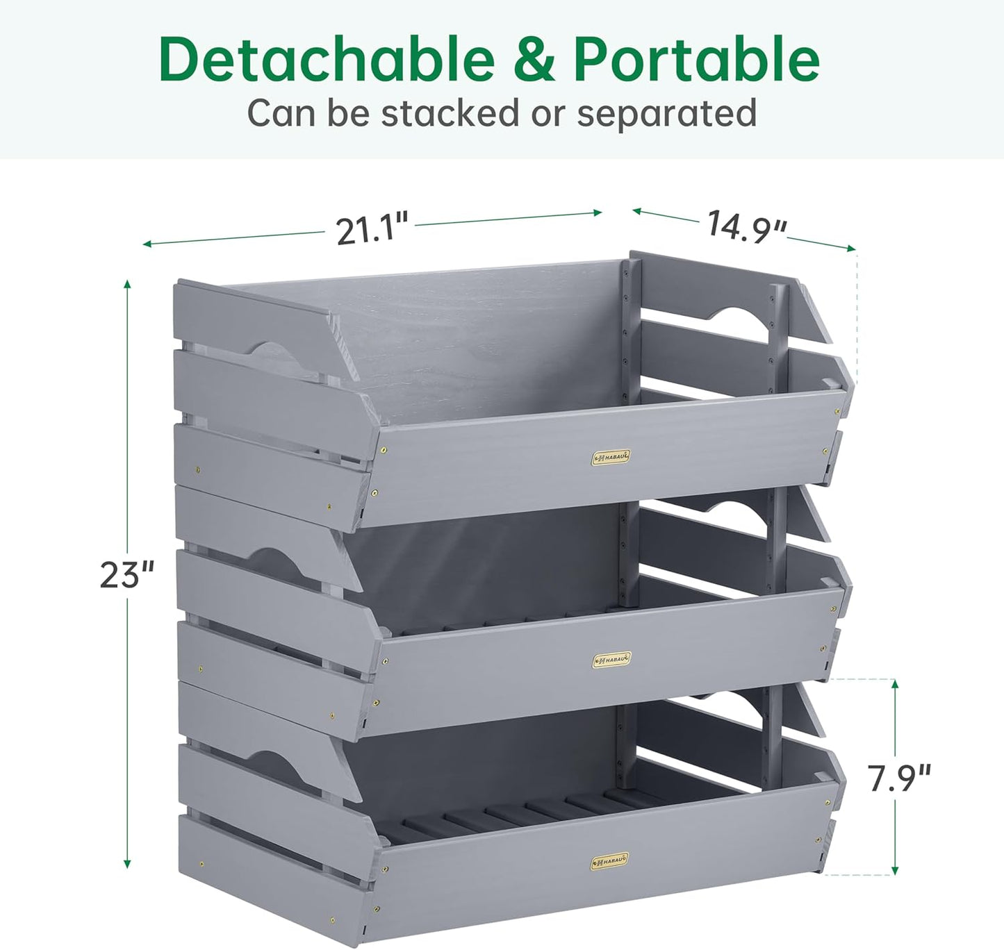 HABAU Wood Potato Onion Storage Bins - Wooden Stackable Produce Basket - Fruit Vegetable Storage for Kitchen Pantry Organization, Set 3 Pieces