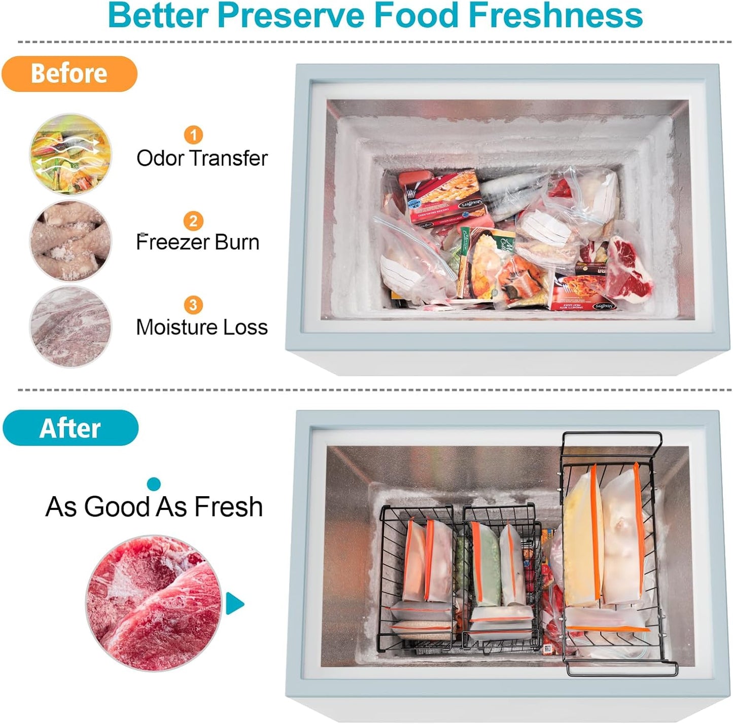 iSPECLE Reusable Bags for Food - 10 Pack Freezer Storage Bags BPA-Free with Stand-Up Bottom and Label, Easy to Get Frozen Meat, Vegetables, Fruit, Leakproof Freezer Bags Keep Food Fresh, Orange