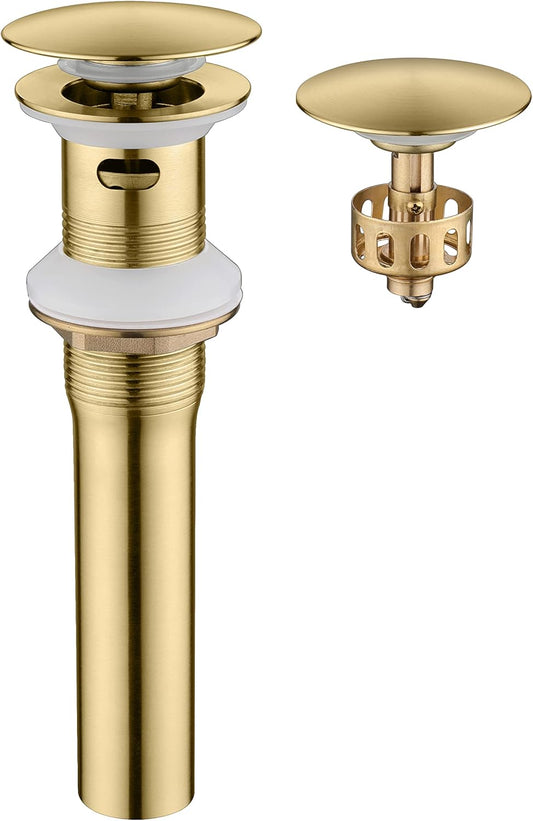 Pop up Sink Drain Stopper with Overflow Brushed Gold for Bathroom Vessel Vanity Sink Art Basin, Big Cap Sink Drain with Overflow, Metal Pop-up Drain Strainer with Detachable Basket Stopper