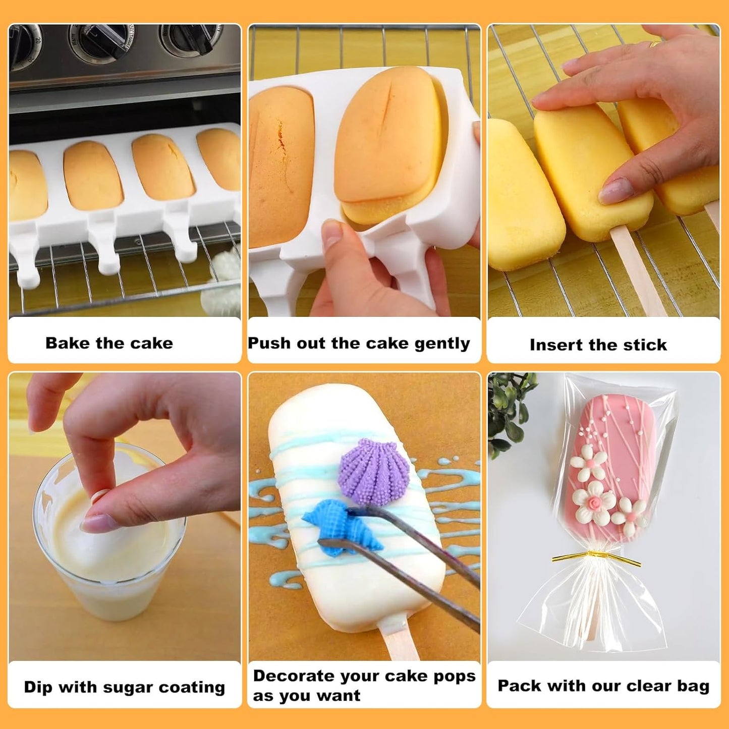 Juome Cake Pop Mold Kit, 8 Cavities Small Cakesicle Molds Silicone with 100 Wooden Sticks & 100 Packaging Bags with Ties, Cake Pop Maker Supplies Accessories, Baking Tools for Home Baking Desserts