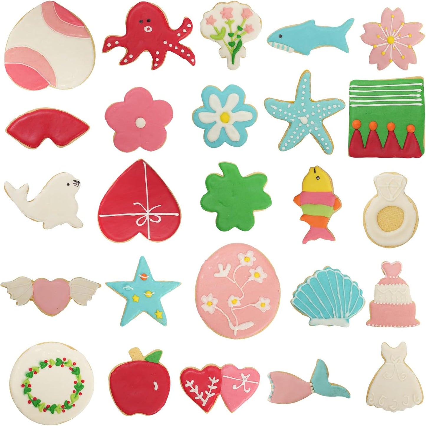 Metal Cookie Cutter 25-Piece set,Valentine's Day,Ocean,Flowers and Everyday Shapes Cookie Cutters Set,Dough Cutter,Stainless Steel and Piping Bag
