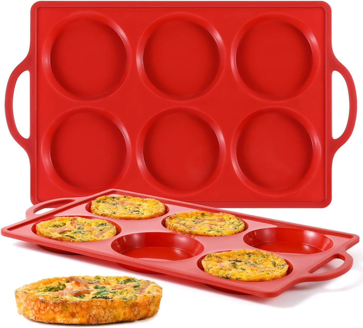 CAKETIME Silicone Muffin Top Pan with Metal Frame, 4 Inch Jumbo Non Stick Round Egg Baking Pan for Oven English Muffins, Whoopie Pies, Corn Bread, Egg Bites, Breakfast Sandwiches Tarts 2 Pack Red