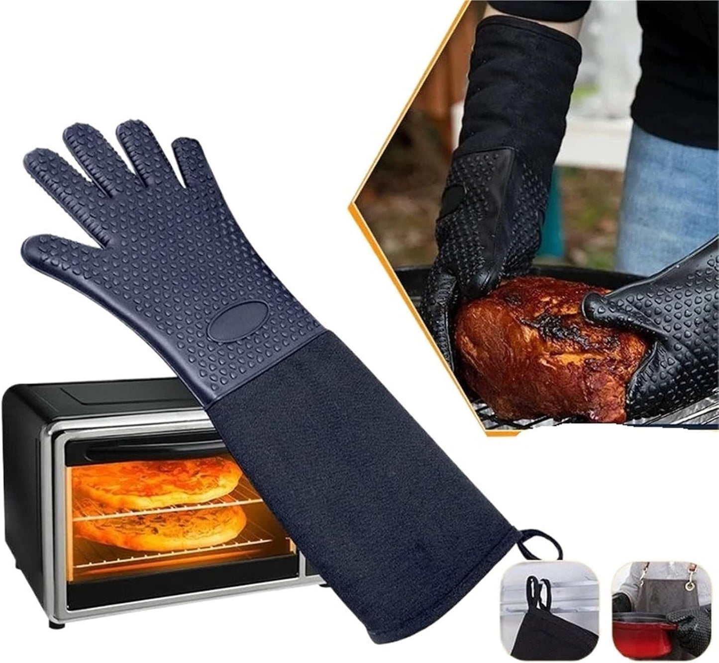 Extra Long Professional Silicone Oven Mitts with Quilted Liner, Durable Heat Resistant Oven Gloves, Heat Resistant Oven Gloves,2 Pack (Black)