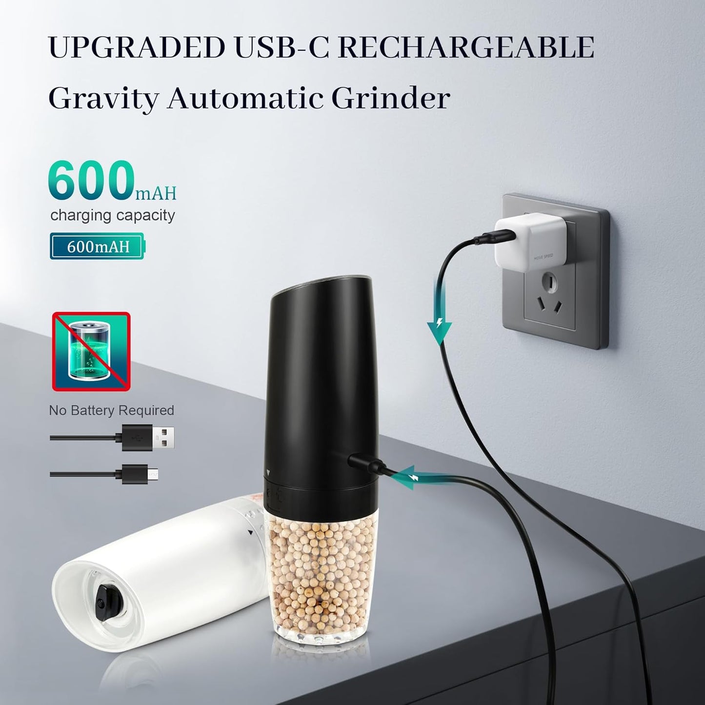 Gravity Electric Salt and Pepper Grinder Set of 2, Automatic Pepper Mill, USB Rechargeable, Adjustable Coarseness, One-handed Operation, Ceramic Burr, Refillable, Auto Grinders with LED light