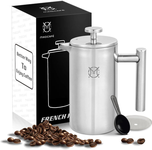 French Press Coffee Maker – Single Serve 1 Cup Small Stainless Steel Thermal Double Walled French Press 350ML/12OZ