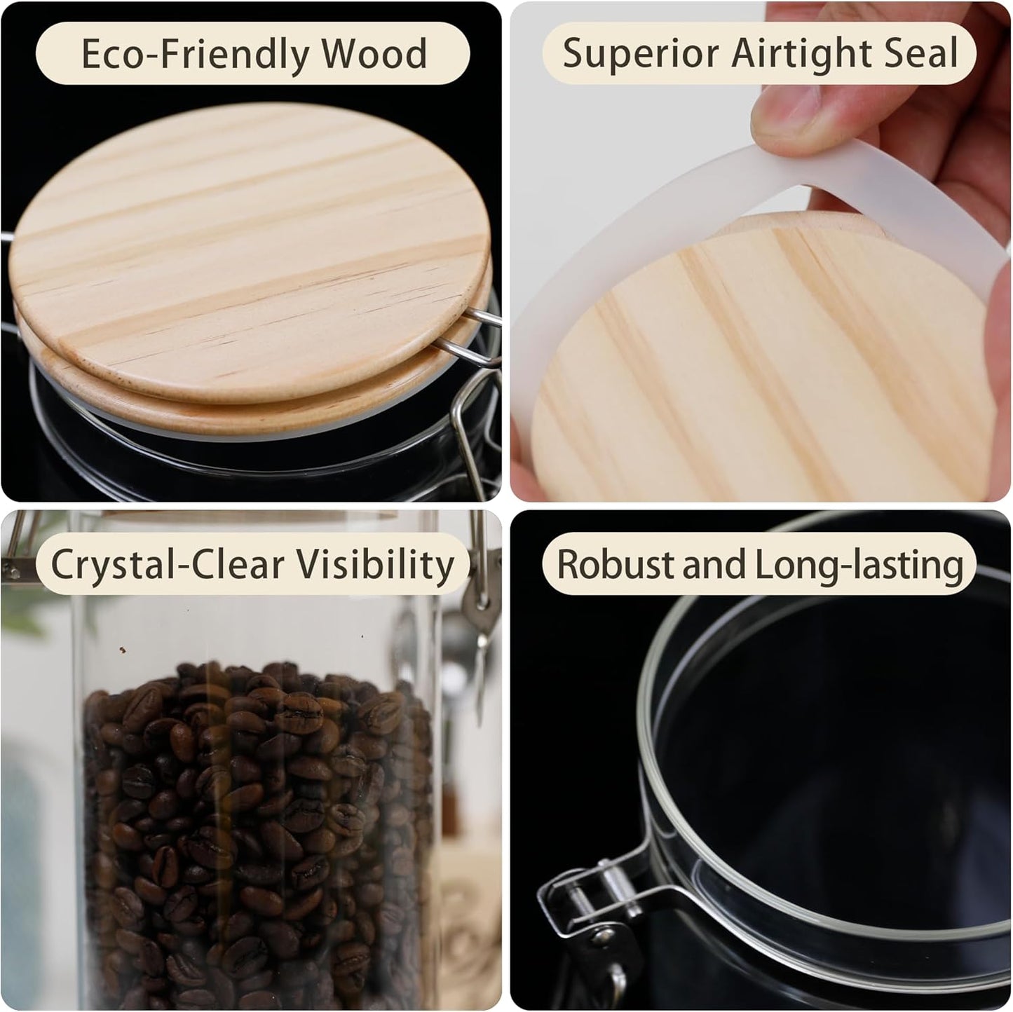 Glass Coffee Canister Set with Shelf & Spoon 2 Piece Coffee Containers for Coffee Bean Storage Airtight Seal, Coffee Bar Accessories Filter Holder for Kitchen Organization