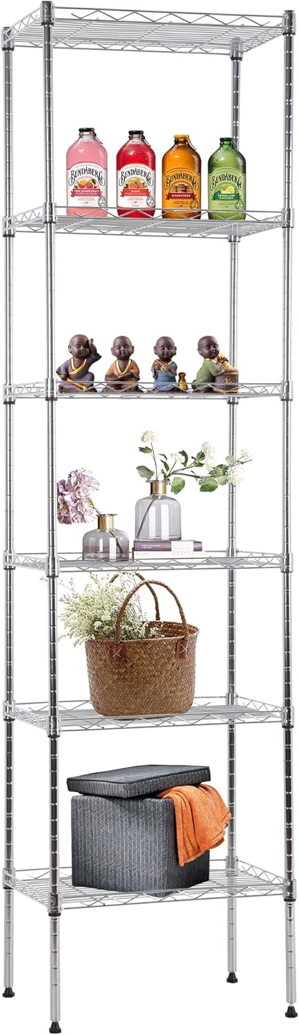FDW 6 Tier Wire Shelving 17L x 12W x 64H Pantry Shelves Storage Rack Shelving Units Adjustable Metal Shelves for Kitchen Commercial Garage Small Places,Chrome