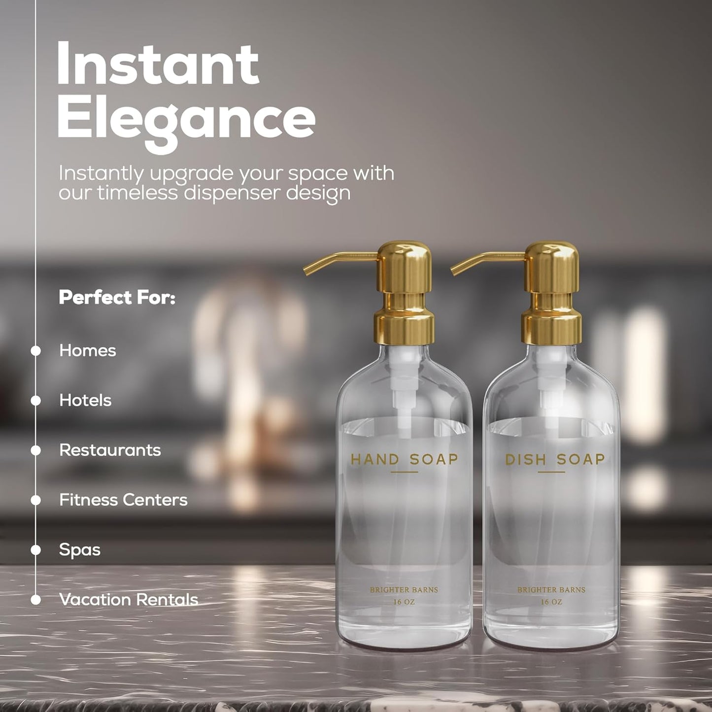 Luxury Glass Soap Dispenser Set by Brighter Barns - Hand and Dish Soap Dispenser for Kitchen Sink - Refillable Glass Bottles with Stainless Steel Pumps - Modern Gold Kitchen Decor & Accessories (Gold)