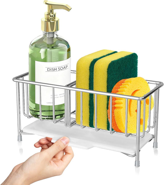 Kavciva Sink Caddy Sponge Holder,304 Stainless Steel Dish Brush Holder,Kitchen Countertop Sink Rack,Dish Soap Holder,Dishwashing Tool Drying Tray with Adjustable Partitions,Essential Kitchen Shelves