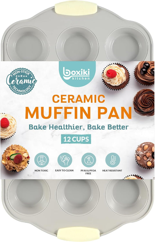 Boxiki Kitchen 12 Cups Ceramic Coated Muffin Pan for Baking - Durable Steel Frame Cupcake Pan w/Nonstick Surface - Professional Muffin Tray with Silicone Handles